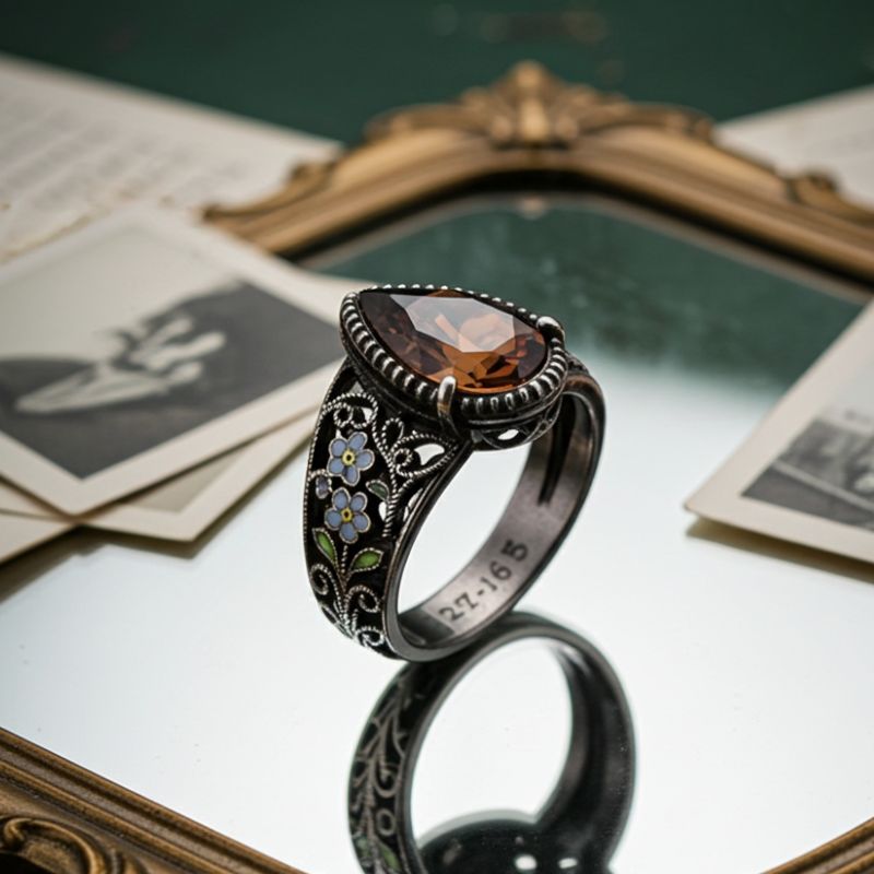 Sotiya Vintage Filigree Pear Cut Coffee Engagement Ring Sterling Silver-Sotiya