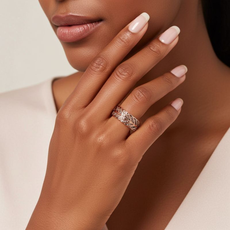 Sotiya Feather Design Unisex Coffee Chevron Band Ring Sterling Silver-Sotiya