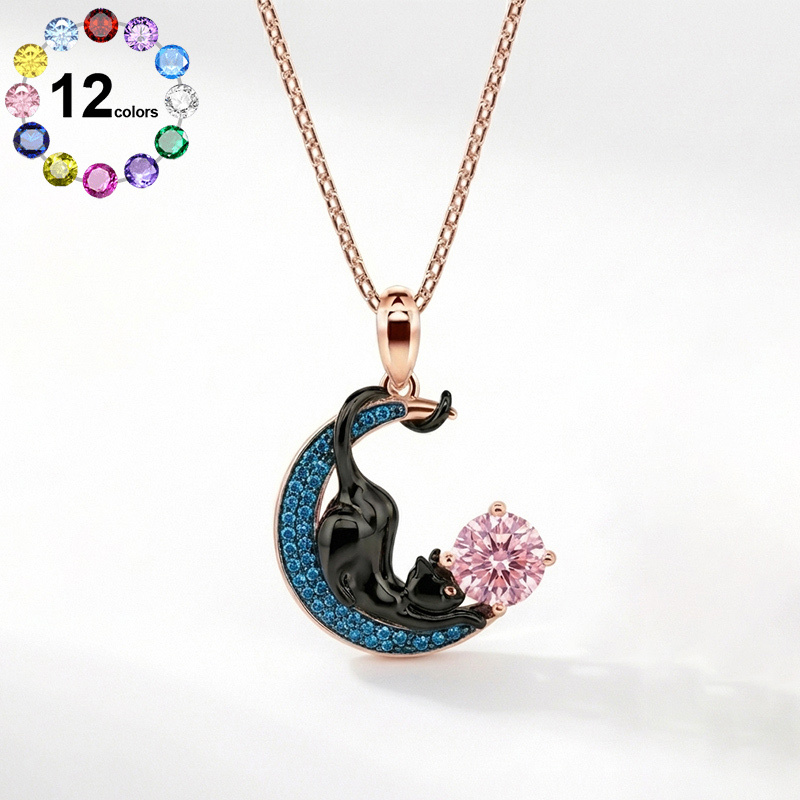 Sotiya 12 Birthstones Crescent Moon & Black Cat Round Cut Necklace Sterling Silver-Sotiya
