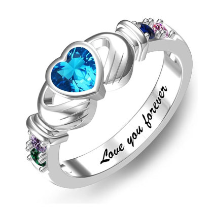 Sotiya Heart Cut Claddagh Ring Custom 12 Birthstone Engraved Name Promise Ring Sterling Silver-Sotiya
