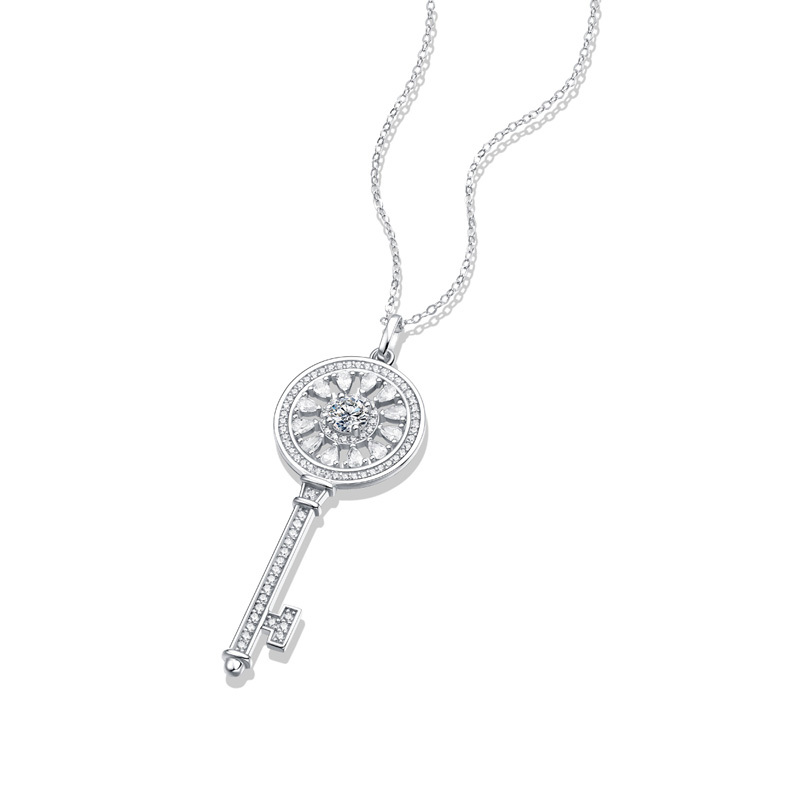 Sotiya Flower and Key Design Halo Round Cut Moissanite Necklace Sterling Silver-Sotiya