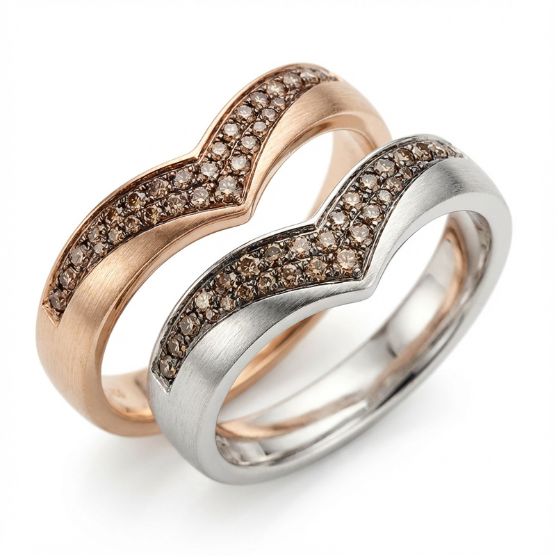 Sotiya V-shaped Design Round Cut Coffee Couple Rings Sterling Silver-Sotiya
