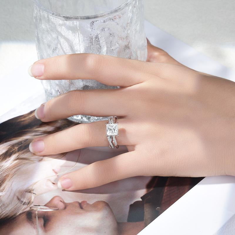 Sotiya Hidden Halo Twist Princess Cut Moissanite Engagement Ring Sterling Silver-Sotiya