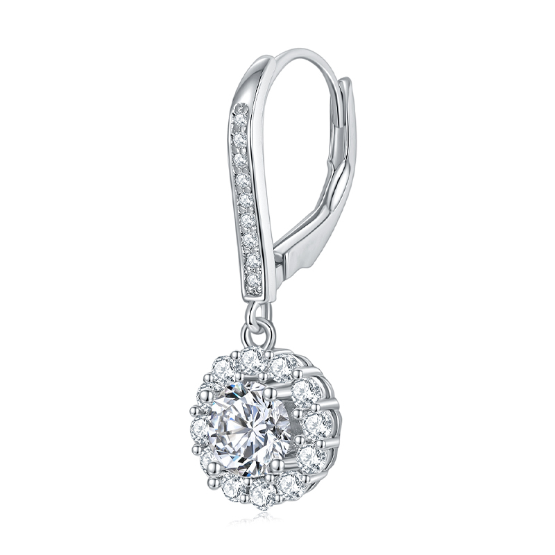 Sotiya Flower Design Halo Round Cut Moissanite Drop Earrings Sterling Silver-Sotiya