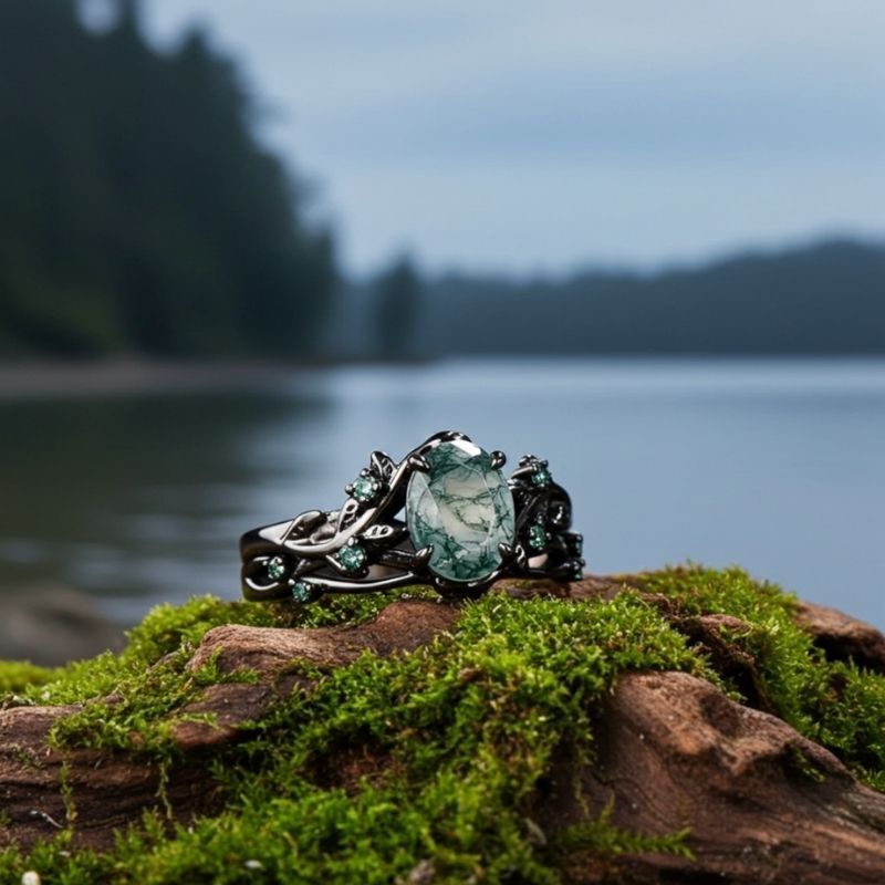Sotiya Nature Inspired Oval Cut Green Moss Agate Wedding Bridal Ring Set Sterling Silver-Sotiya