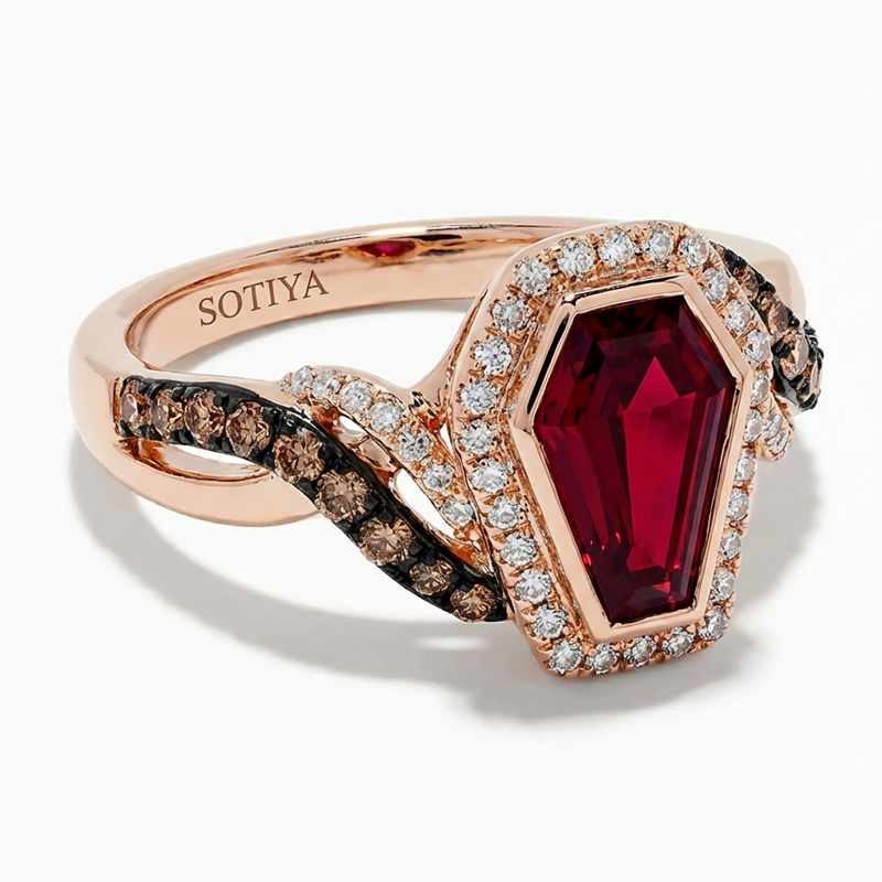 Sotiya Two Tone Twist Shank Halo Coffin Cut Coffee Engagement Ring Sterling Silver-Sotiya