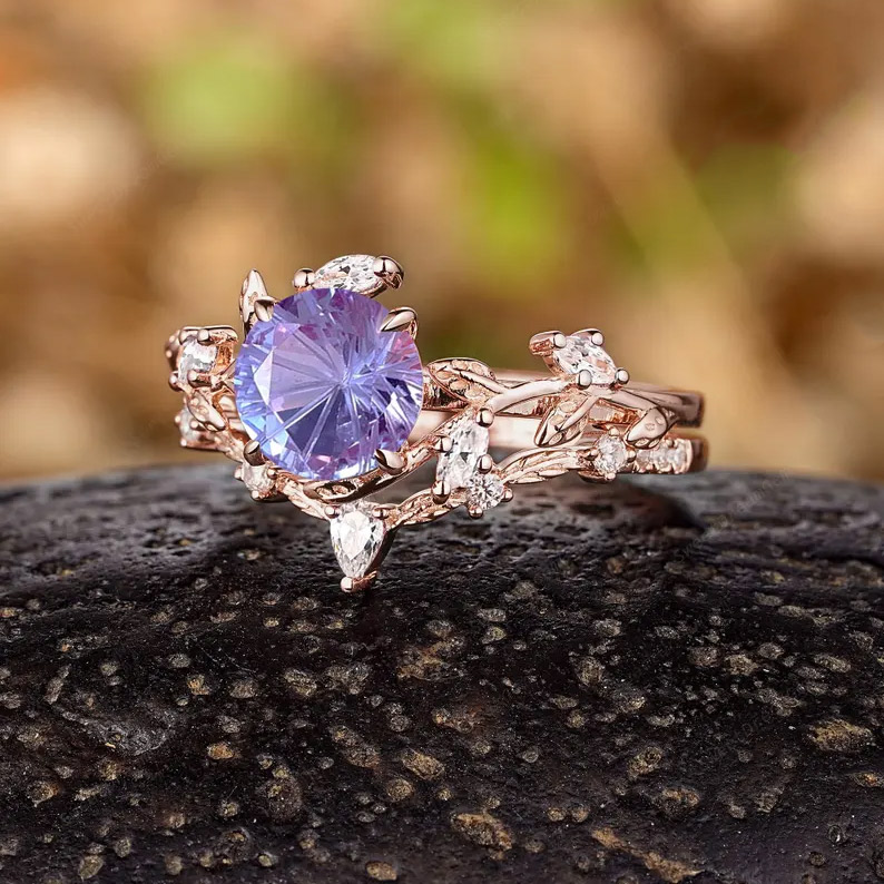 Sotiya Nature Inspired Leaf Purple Round Fantasy Starbrite Cut Engagement Ring Sterling Silver-Sotiya