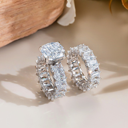 Sotiya Cushion Cut Three Sided Pave Wedding Bridal Ring Set Sterling Silver-Sotiya