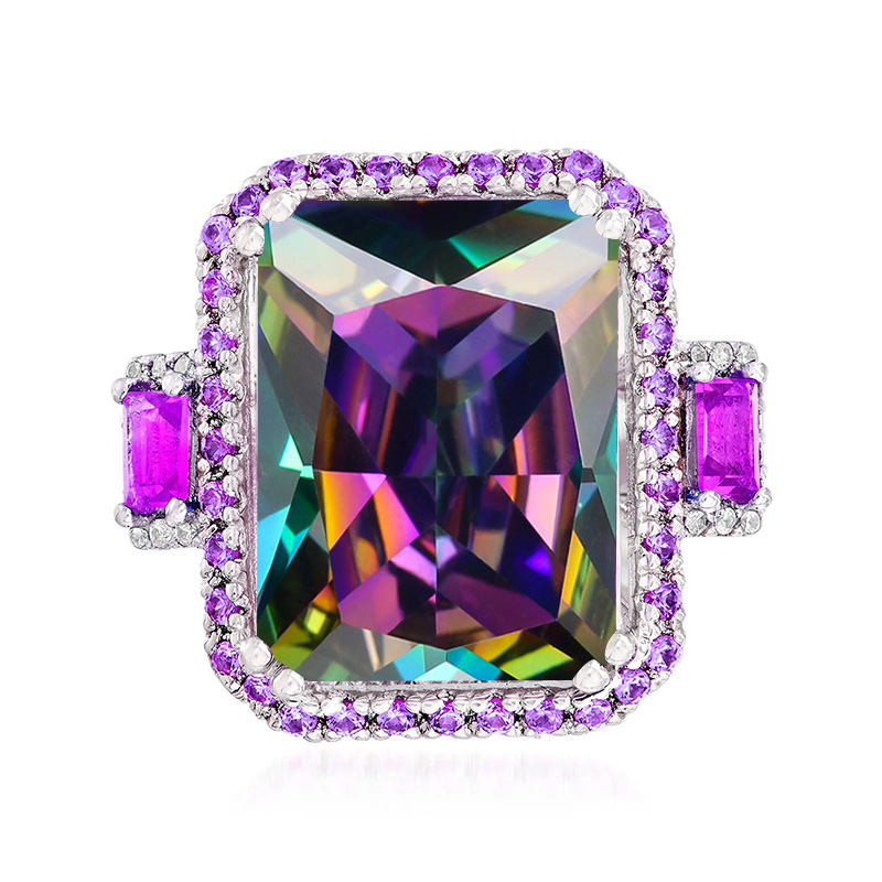 Sotiya Halo Emerald Cut Rainbow Mystic Quartz Engagement Ring Sterling Silver-Sotiya