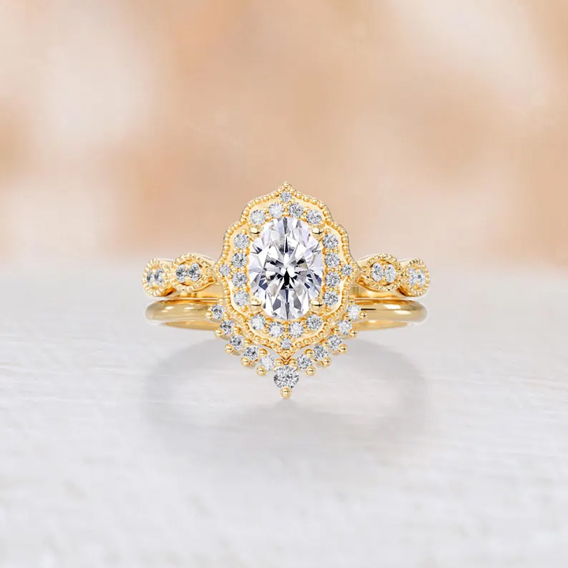 Sotiya Vintage Milgrain Halo Oval Cut Wedding Bridal Ring Set Sterling Silver-Sotiya