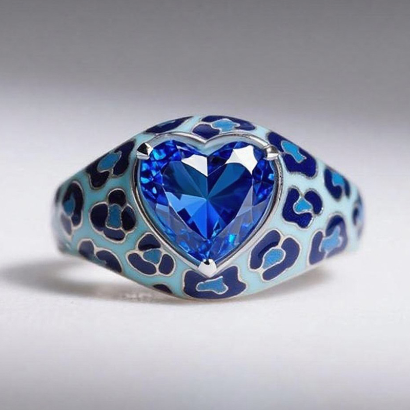 Sotiya Heart Cut Blue Leopard Print Enamel Ring Sterling Silver-Sotiya