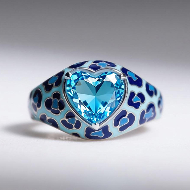 Sotiya Heart Cut Blue Leopard Print Enamel Ring Sterling Silver