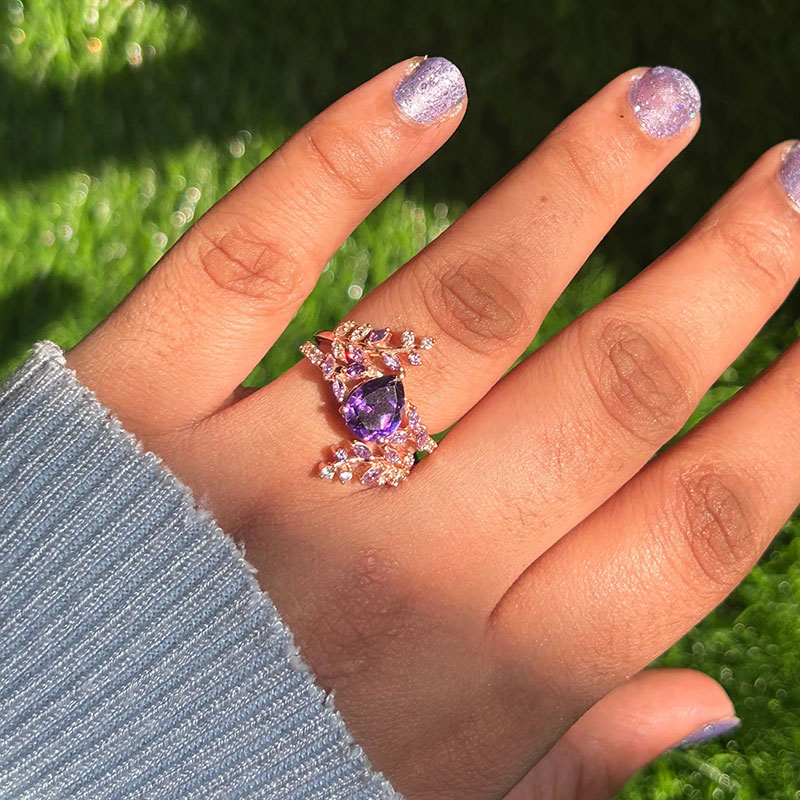 Sotiya Amethyst Pear Cut Leaf Inspired Engagement Ring Sterling Silver-Sotiya