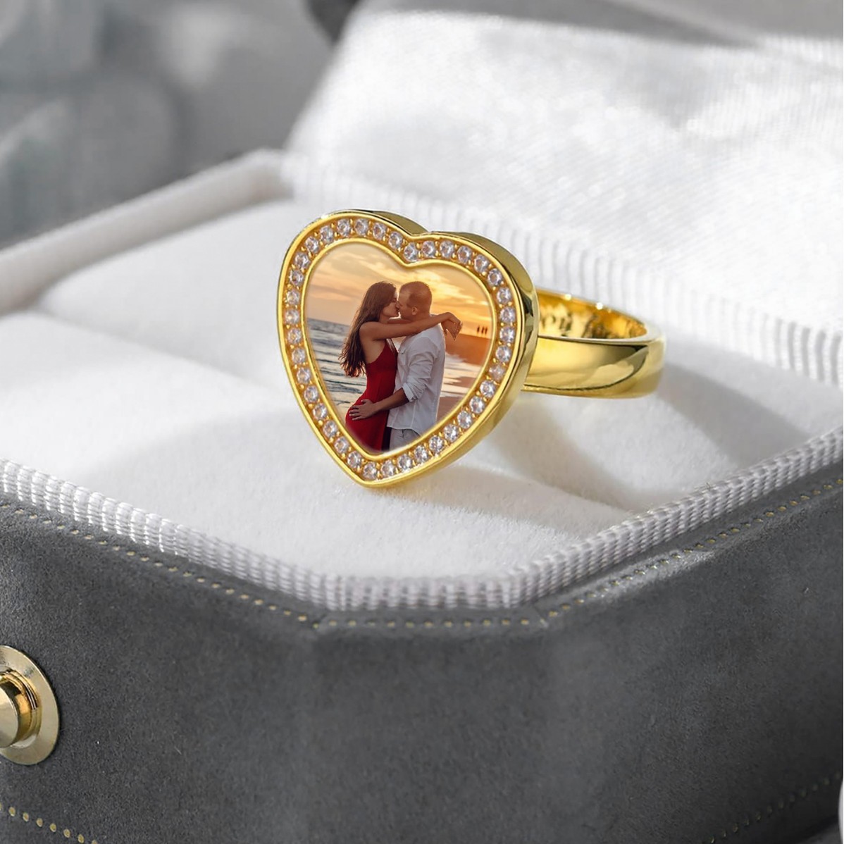Sotiya Heart Shaped Halo Personalized Photo Engagement Ring Sterling Silver-Sotiya