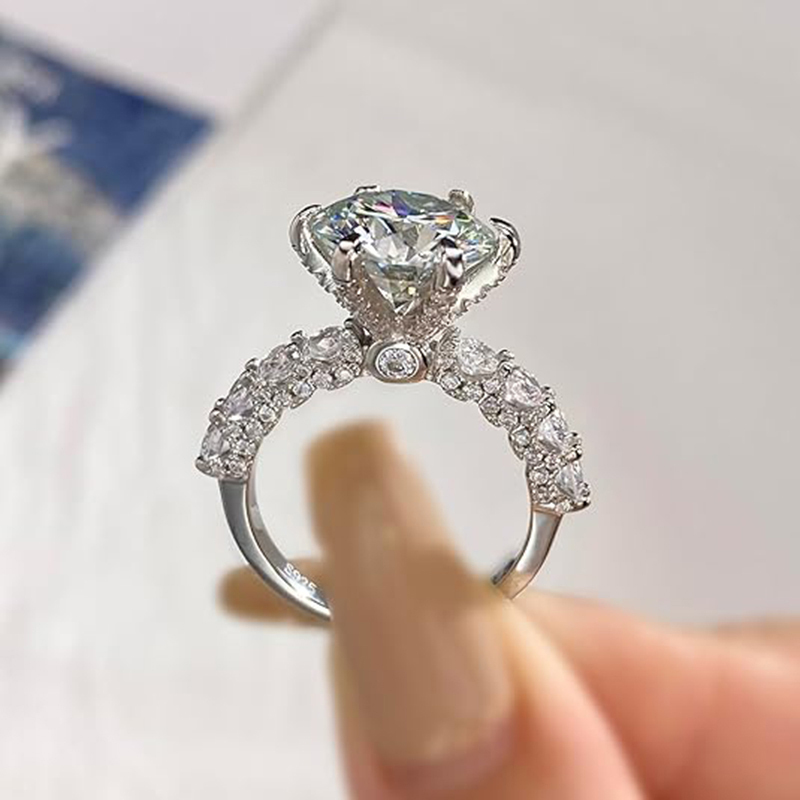 Sotiya 6 Prong Side Stones Round Cut Moissanite Engagement Ring Sterling Silver-Sotiya