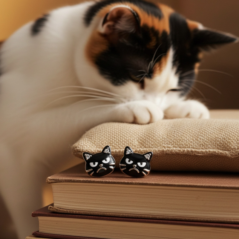 Sotiya Grumpy Black Cat Enamel Stud Earrings-Sotiya