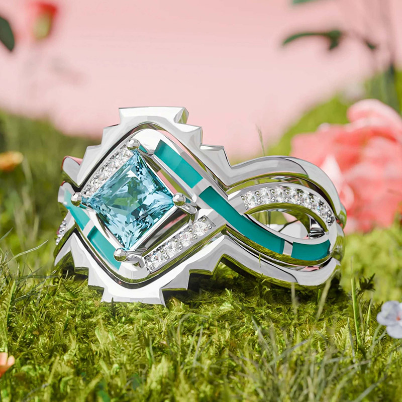 Sotiya Three Piece Twist Princess Cut Enamel Bridal Wedding Ring Set  Sterling Silver-Sotiya