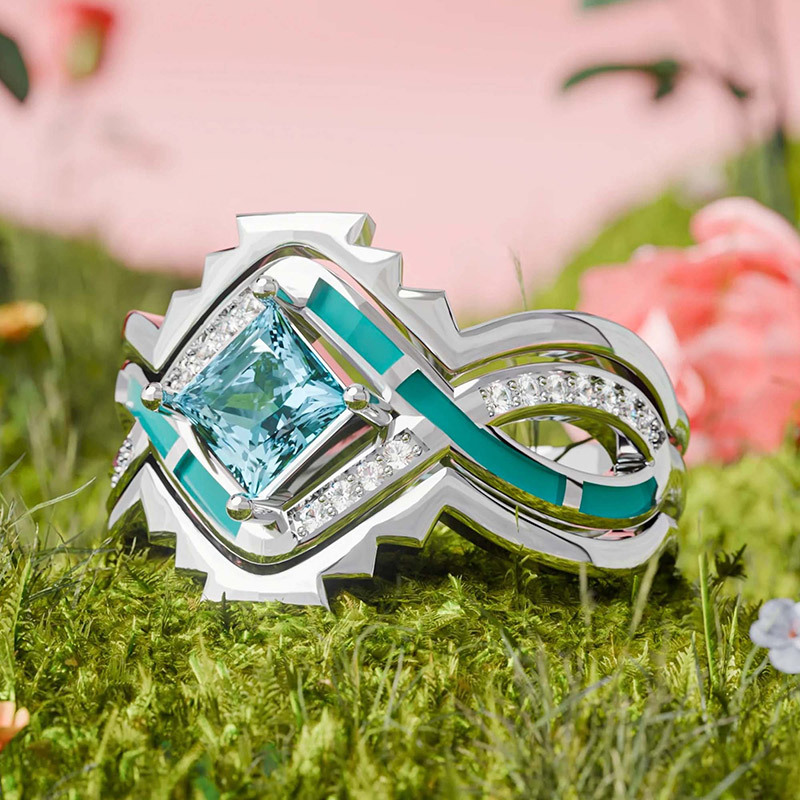 Sotiya Three Piece Twist Princess Cut Enamel Bridal Wedding Ring Set  Sterling Silver-Sotiya