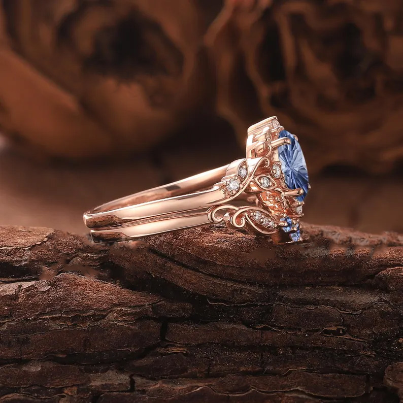 Sotiya Vintage Cornflower Aquamarine Blue Oval Fantasy Starbrite Cut Wedding Bridal Ring Set Sterling Silver-Sotiya