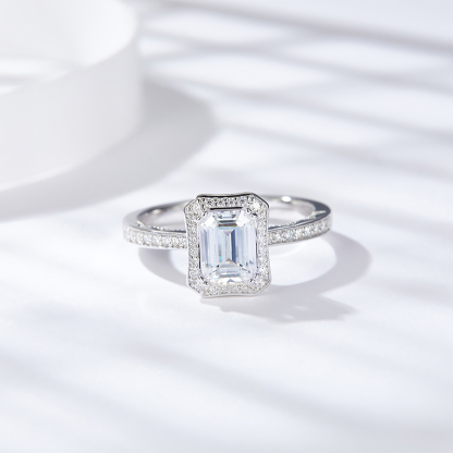 Sotiya Halo Emerald Cut Moissanite Engagement Ring Sterling Silver-Sotiya
