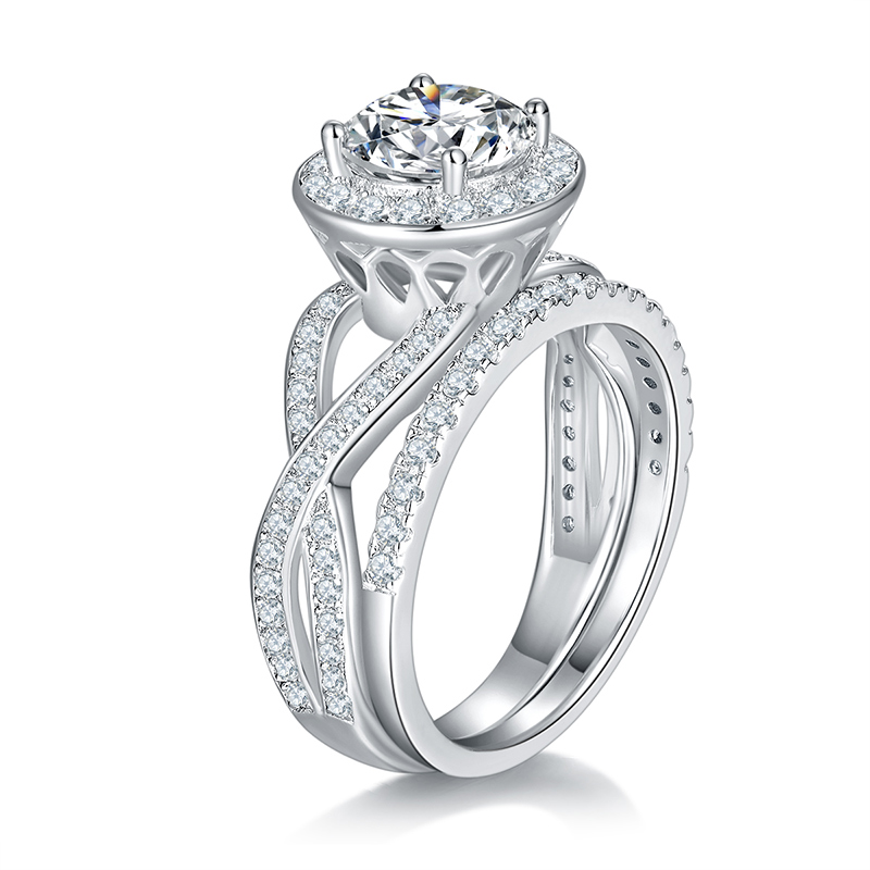 Sotiya Halo Round Cut Twist Moissanite Wedding Bridal Ring Set Sterling Silver-Sotiya