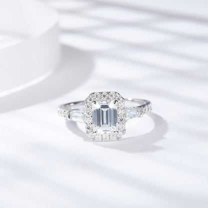 Sotiya Halo Side Stones Emerald Cut Moissanite Engagement Ring Sterling Silver-Sotiya