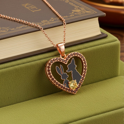 Sotiya Animal City Heart Shaped Bunny & Fox Round Cut Coffee Necklace-Sotiya