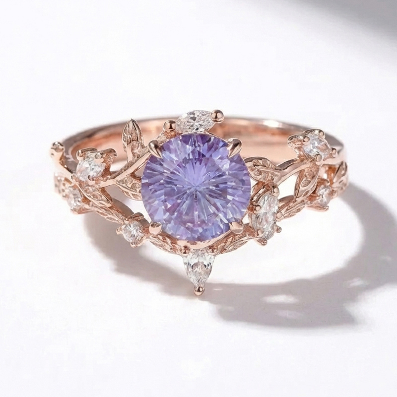 Sotiya Nature Inspired Leaf Purple Round Fantasy Starbrite Cut Engagement Ring Sterling Silver-Sotiya