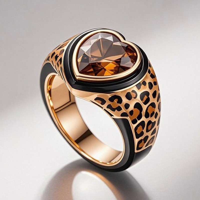Sotiya Heart Cut Leopard Print Coffee Enamel Ring Sterling Silver-Sotiya