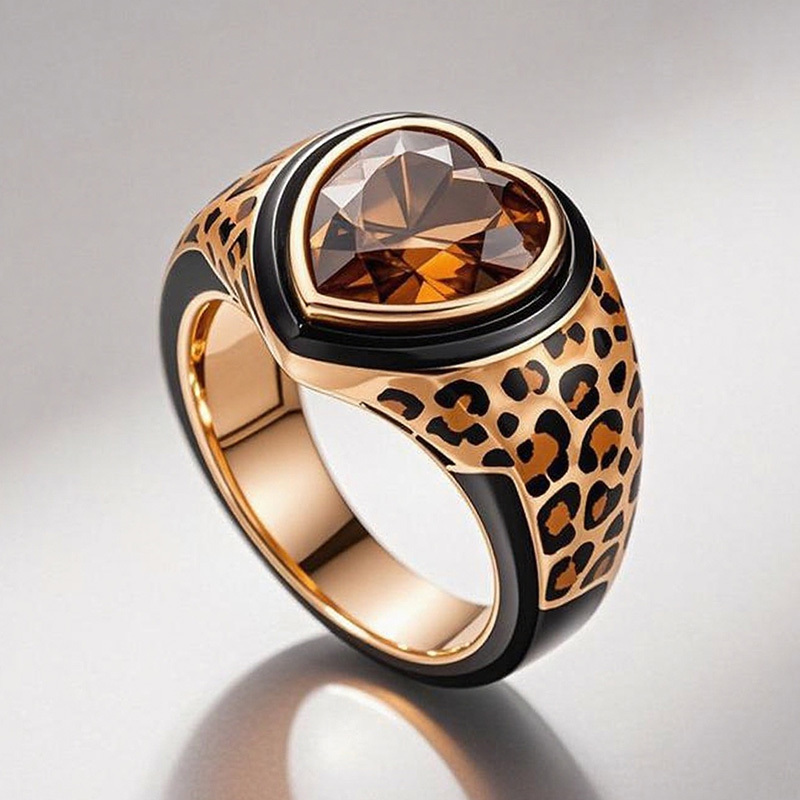 Sotiya Heart Cut Leopard Print Coffee Enamel Ring Sterling Silver-Sotiya