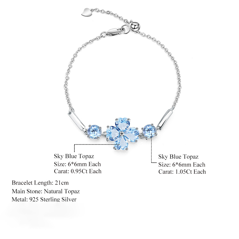 Sotiya Natural Gemstone Blue Topaz Four Leaf Clover Design Bracelet Sterling Silver-Sotiya