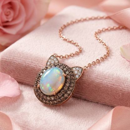 Sotiya Cat Design Double Halo Opal Oval Cut Coffee Necklace Sterling Silver-Sotiya