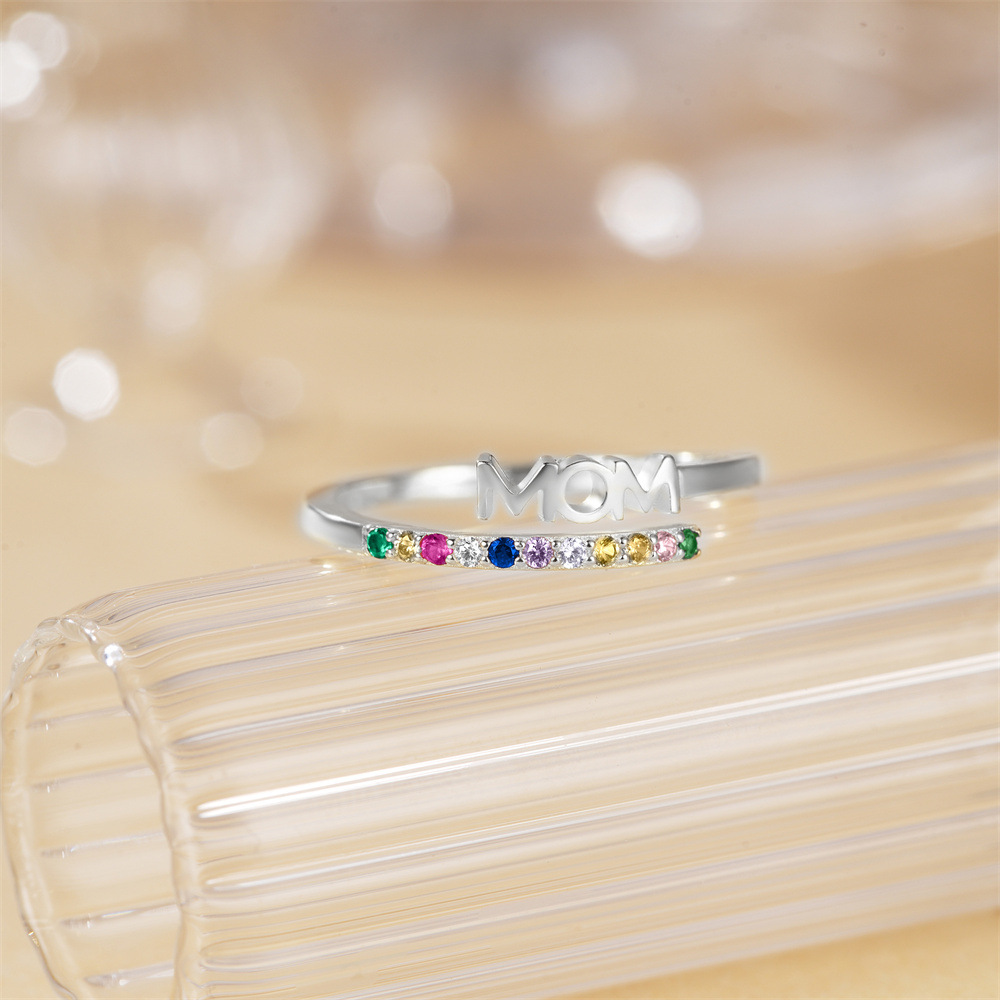 Sotiya MOM Multi Color Rainbow Adjustable Open Ring Sterling Silver-Sotiya