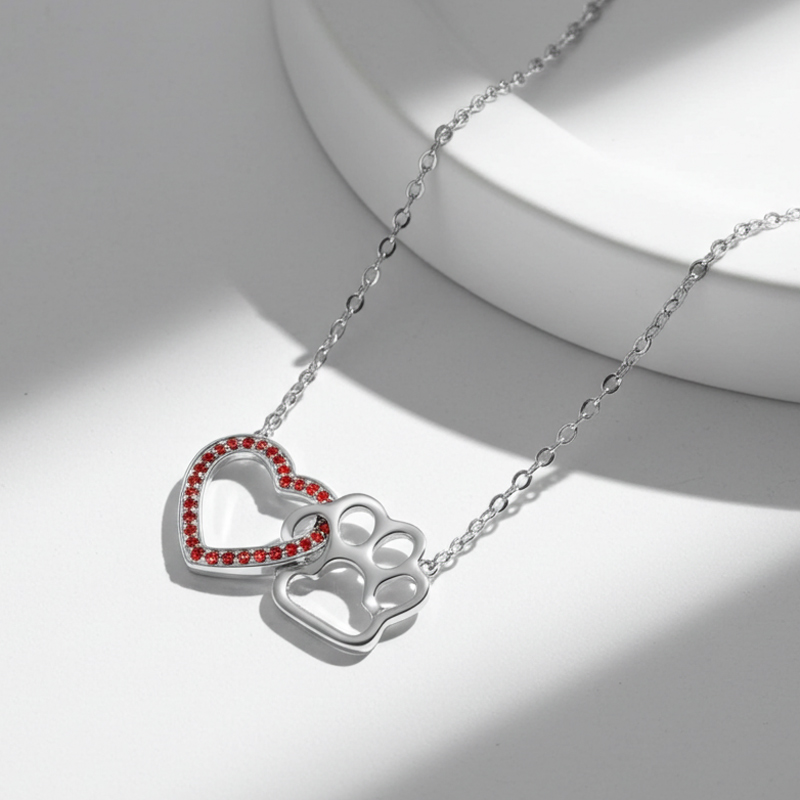 Sotiya Heart Paw Print Garnet Necklace Sterling Silver