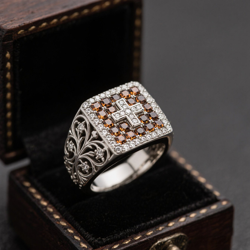 Sotiya Vintage Halo Coffee Cross Faith Men's Cluster Ring Sterling Silver-Sotiya