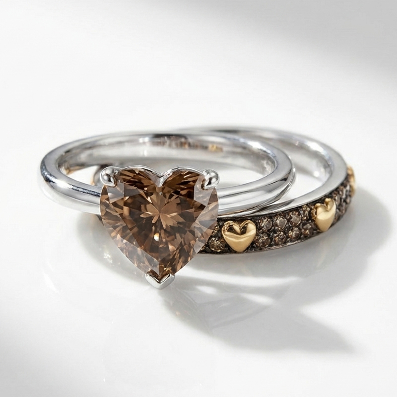 Sotiya Solitaire Heart Cut Coffee Wedding Bridal Ring Set Sterling Silver-Sotiya