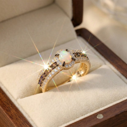 Sotiya Two Tone Halo Oval Cut Opal Coffee Engagement Ring Sterling Silver-Sotiya