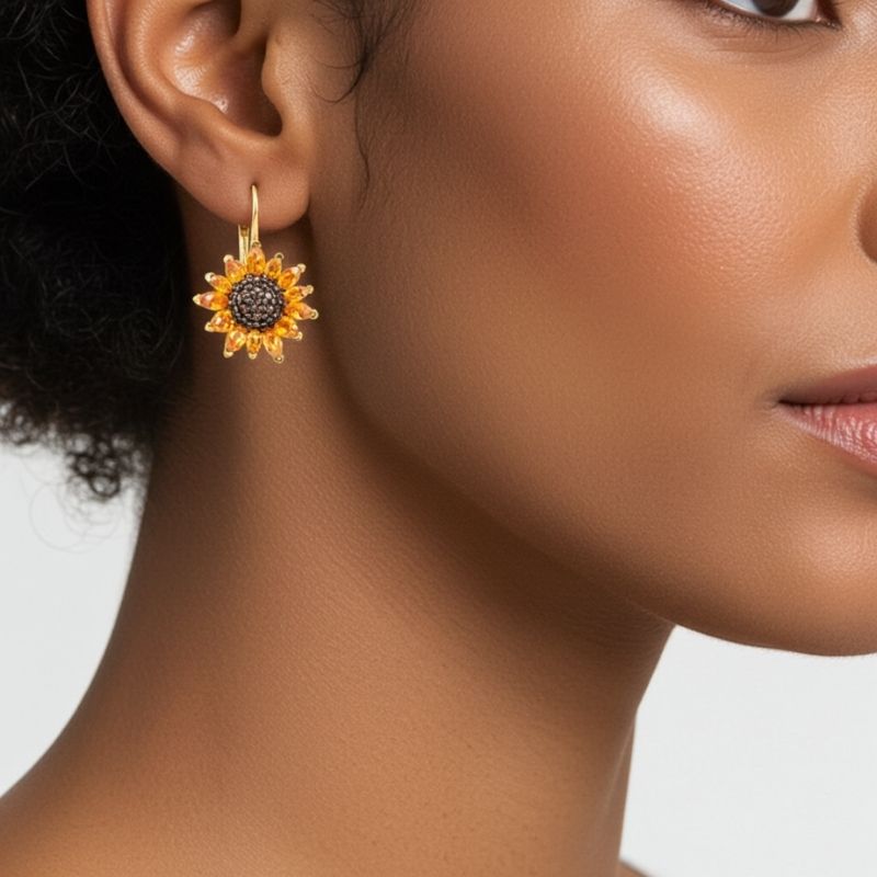 Sotiya Artist Collection Citrine and Coffee Sunflower Drop Earrings Sterling Silver