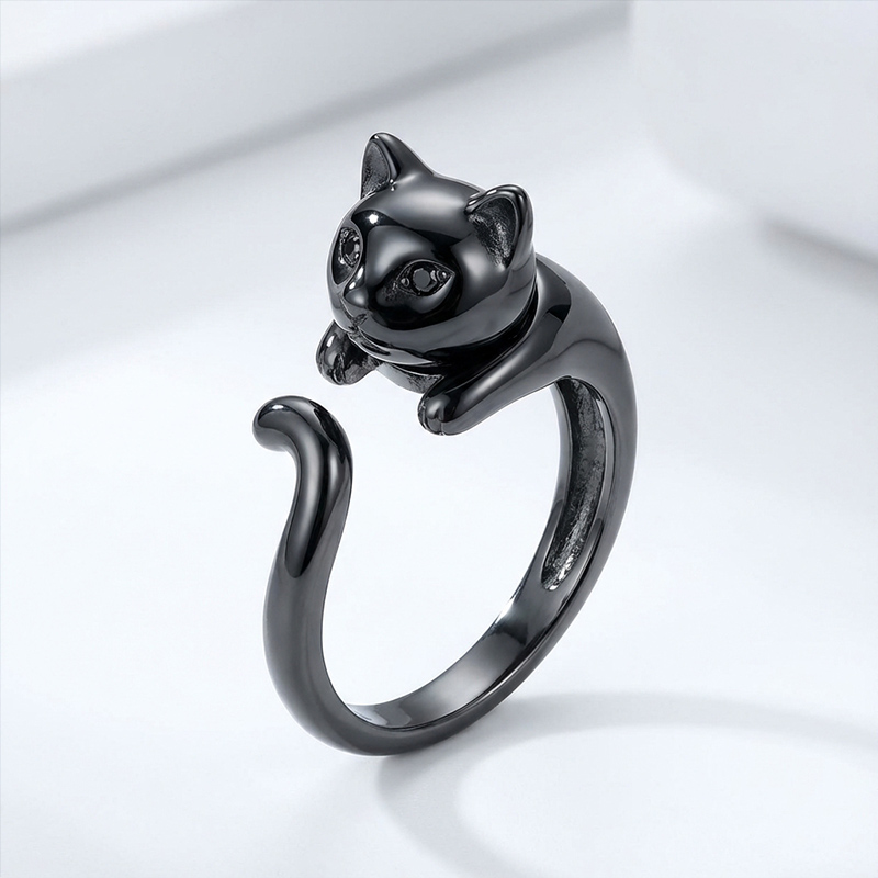 Sotiya Rotating Soothe Black Cat Ring Sterling Silver-Sotiya