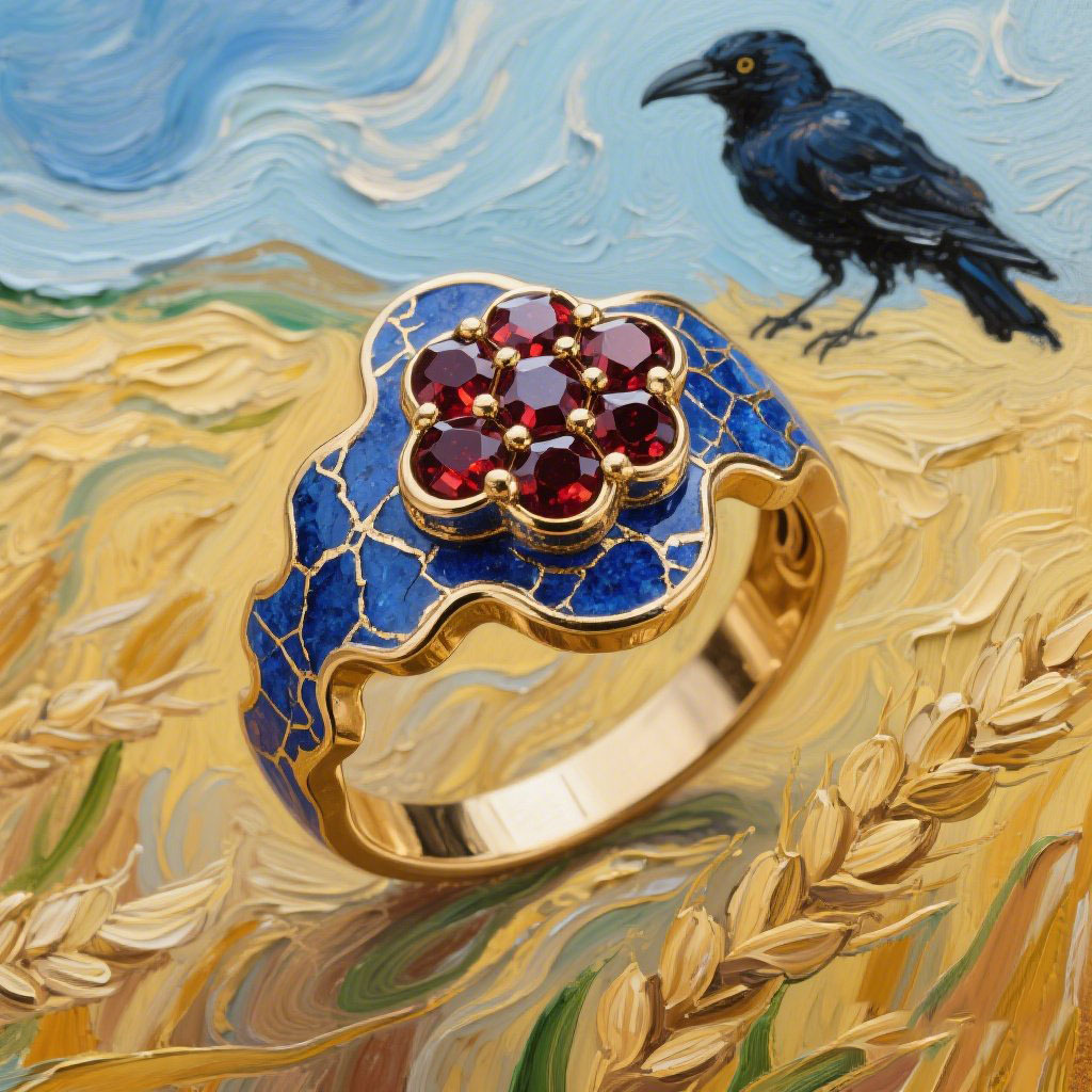 Sotiya Artist Collection Famous Paintings Crows in the Wheat Field Enamel Cocktail Ring Sterling Silver-Sotiya