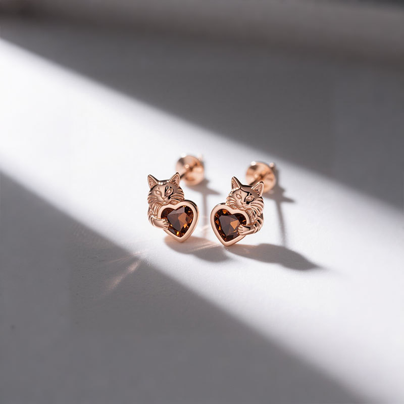 Sotiya Heart-cut Coffee Maine Coon Stud Earrings Sterling Silver-Sotiya