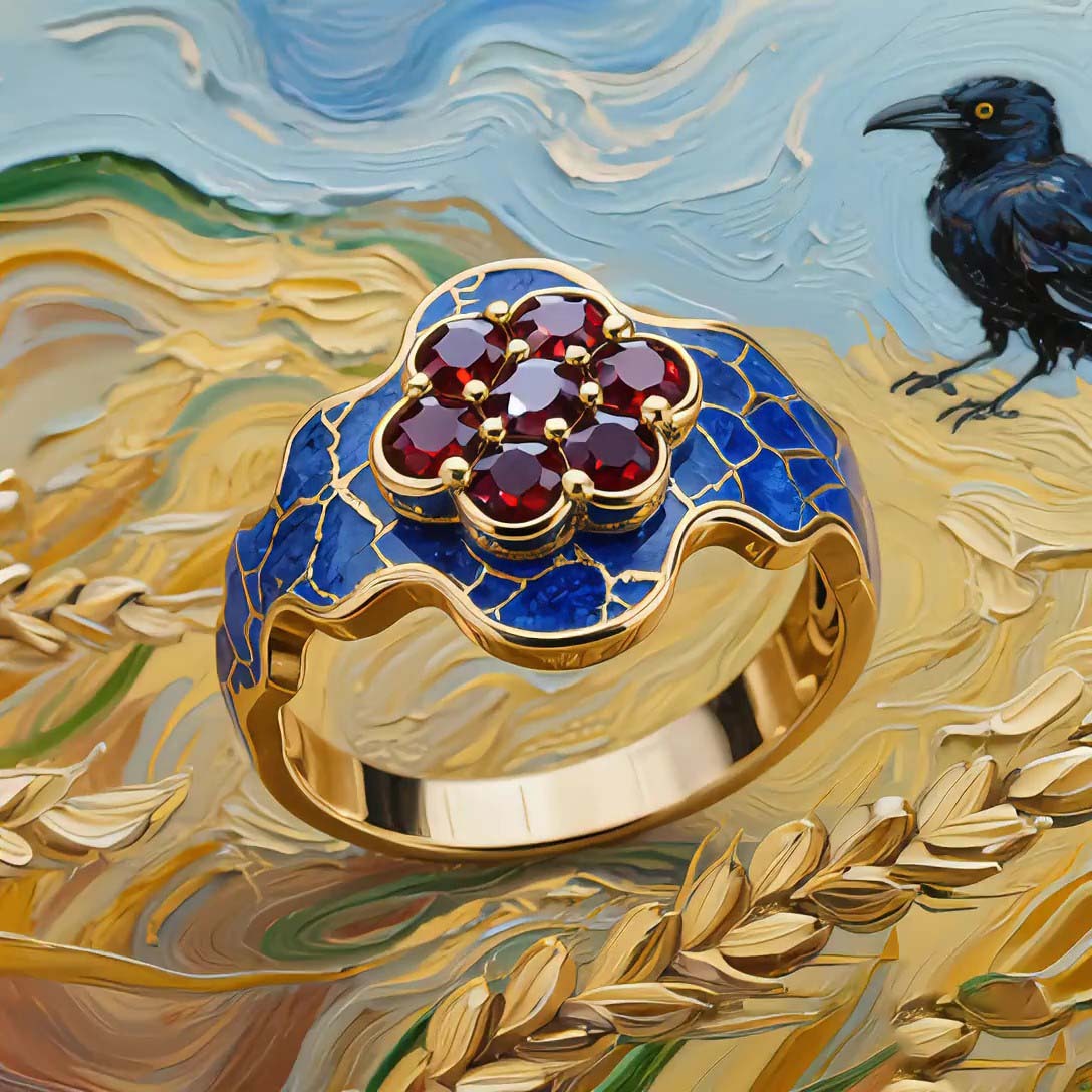 Sotiya Artist Collection Famous Paintings Crows in the Wheat Field Enamel Cocktail Ring Sterling Silver-Sotiya