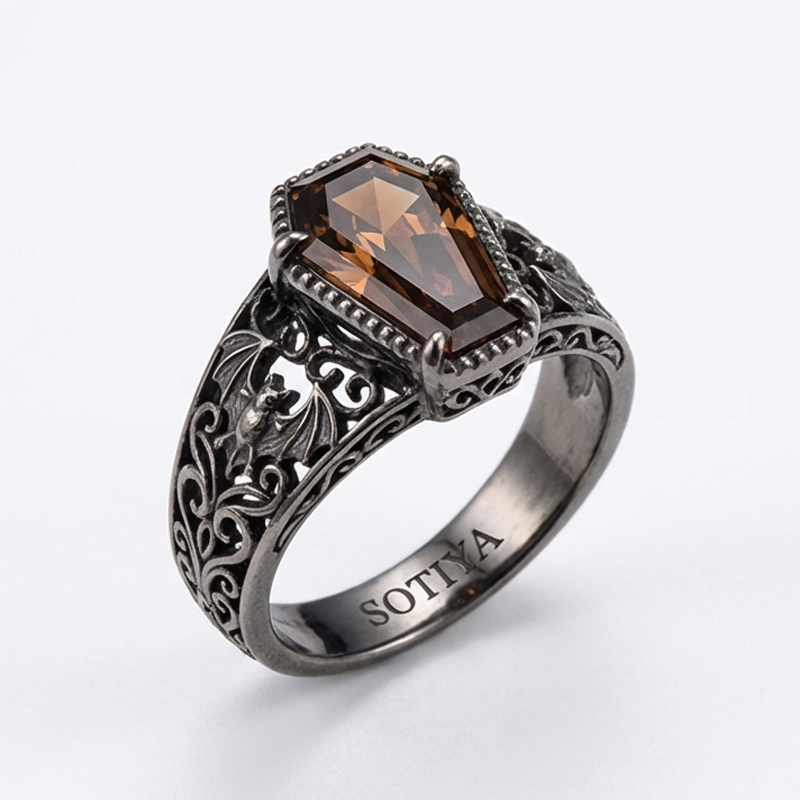 Sotiya Vintage Coffin Cut Coffee Bat Engagement Ring Sterling Silver-Sotiya