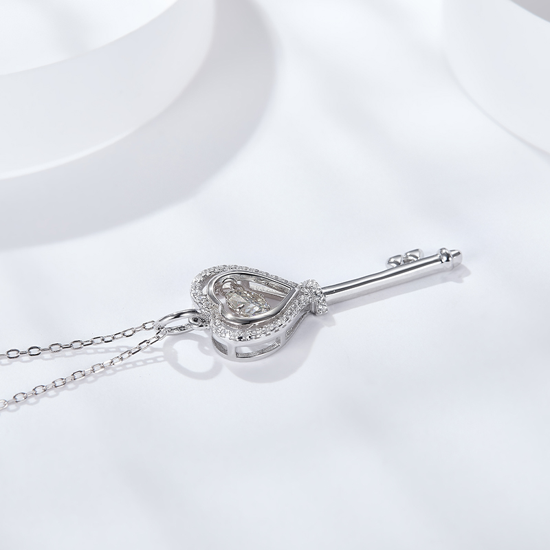 Sotiya Hollow Heart and Key Design Round Cut Moissanite Necklace Sterling Silver-Sotiya