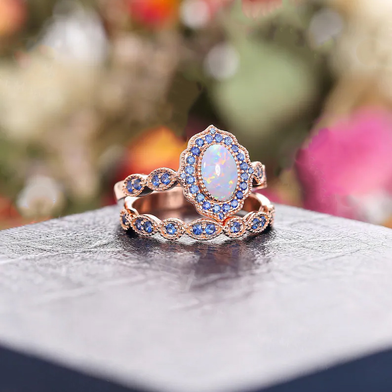 Sotiya Vintage Halo Oval Cut Opal Wedding Bridal Ring Set Sterling Silver-Sotiya