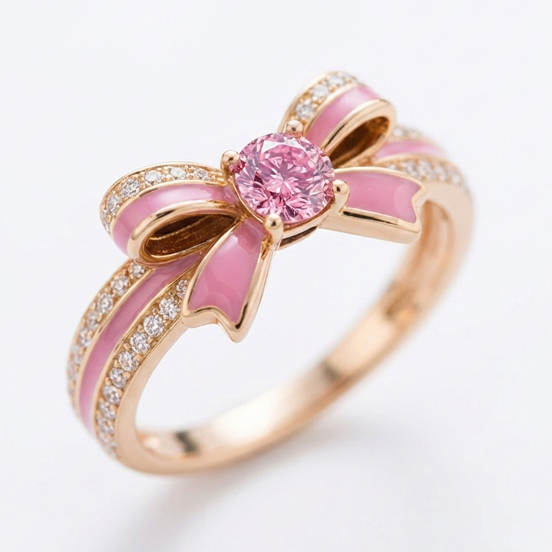 Sotiya Cushion Cut Bowknot Pink Enamel Promise Ring Sterling Silver-Sotiya