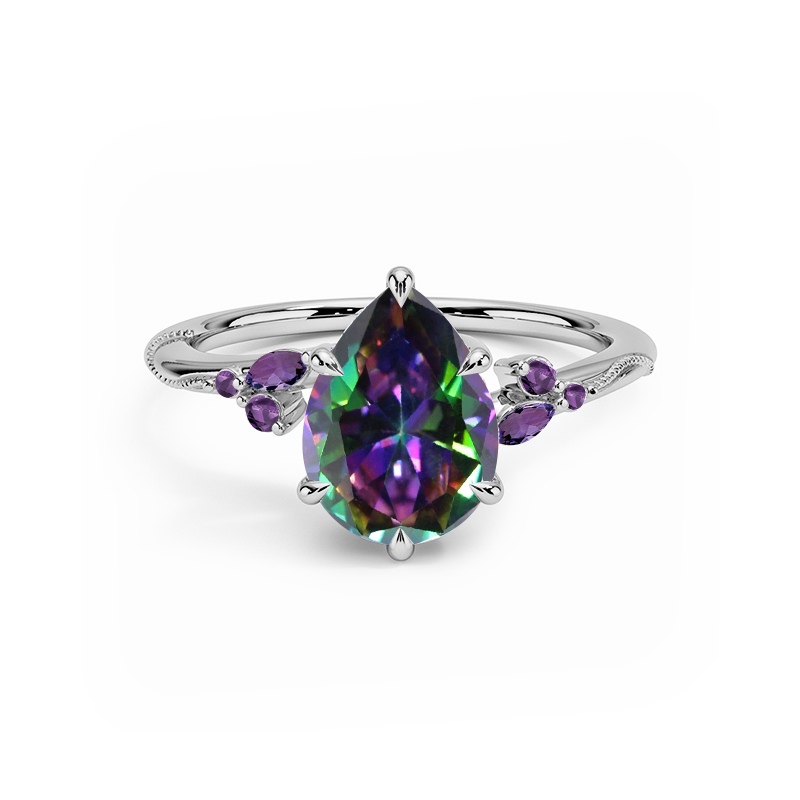 Sotiya Milgrain Side Stones Pear Cut Rainbow Mystic Quartz Engagement Ring Sterling Silver-Sotiya