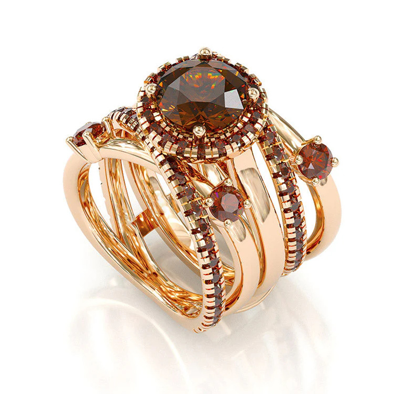 Sotiya Halo Round Cut Coffee Twist Enhancer Wedding Bridal Ring Set Sterling Silver-Sotiya