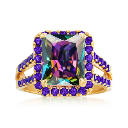 Sotiya Amethyst Halo Emerald Cut Rainbow Mystic Quartz Engagement Ring Sterling Silver-Sotiya