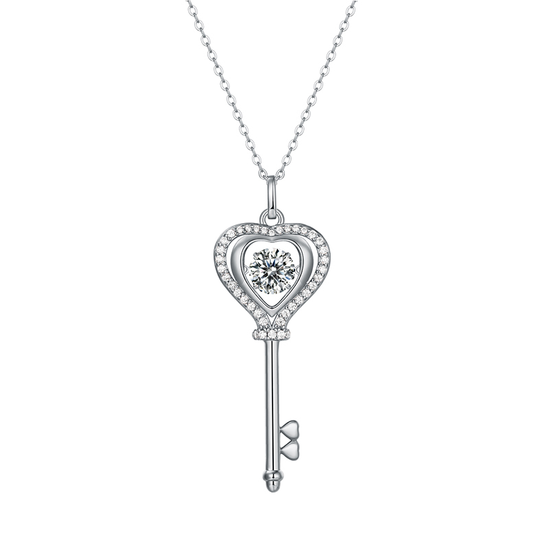 Sotiya Hollow Heart and Key Design Round Cut Moissanite Necklace Sterling Silver-Sotiya